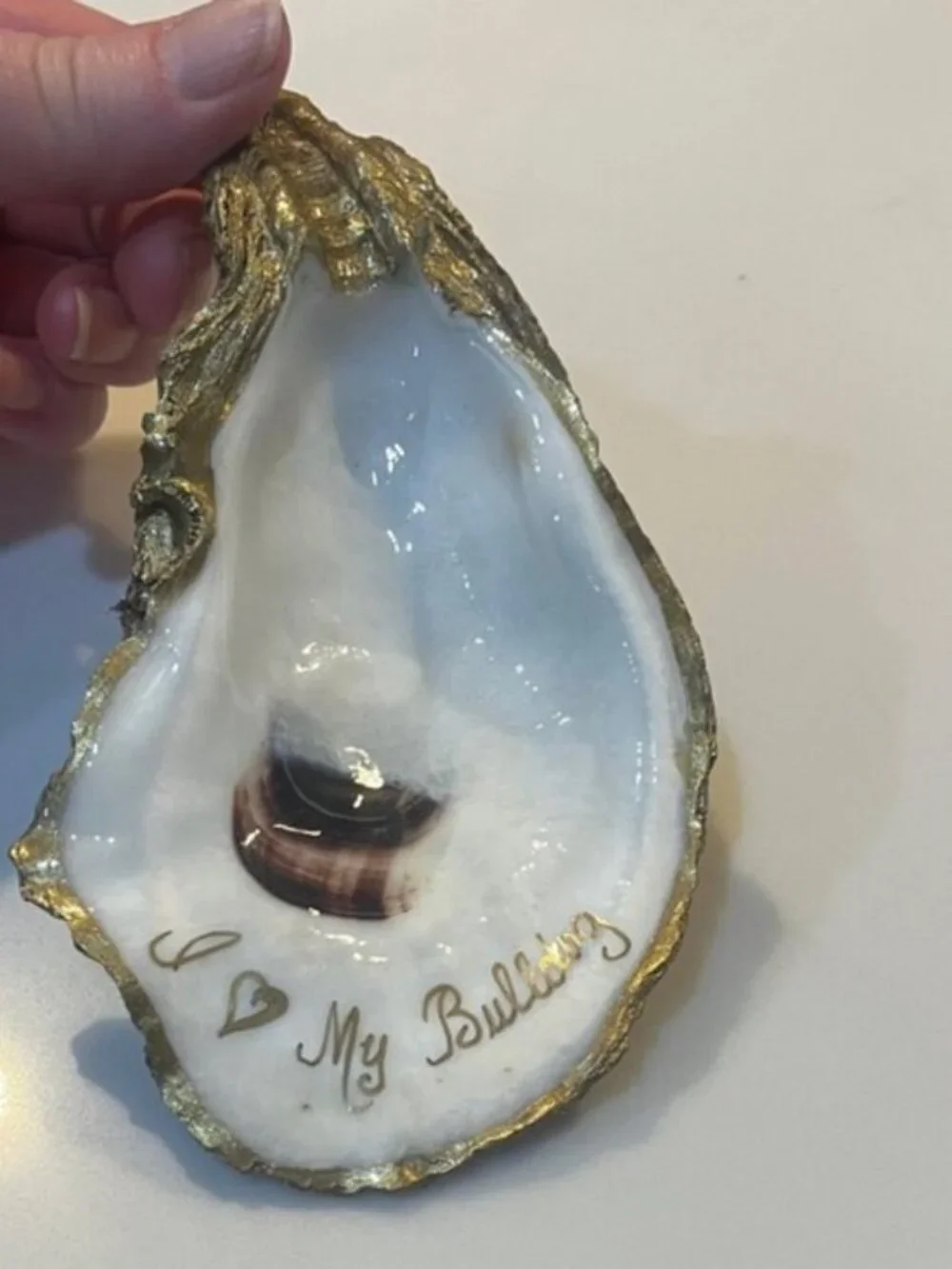I love my bulldog Oyster Trinket Dish with Gold Accents